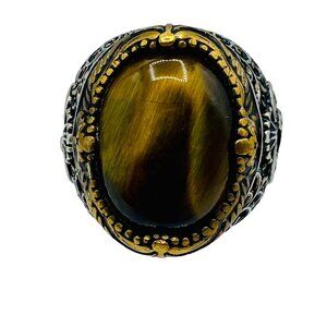Large 2 Tone Sterling Silver Brass Tigers Eye Filigree Ring Sz. 10 Statement
